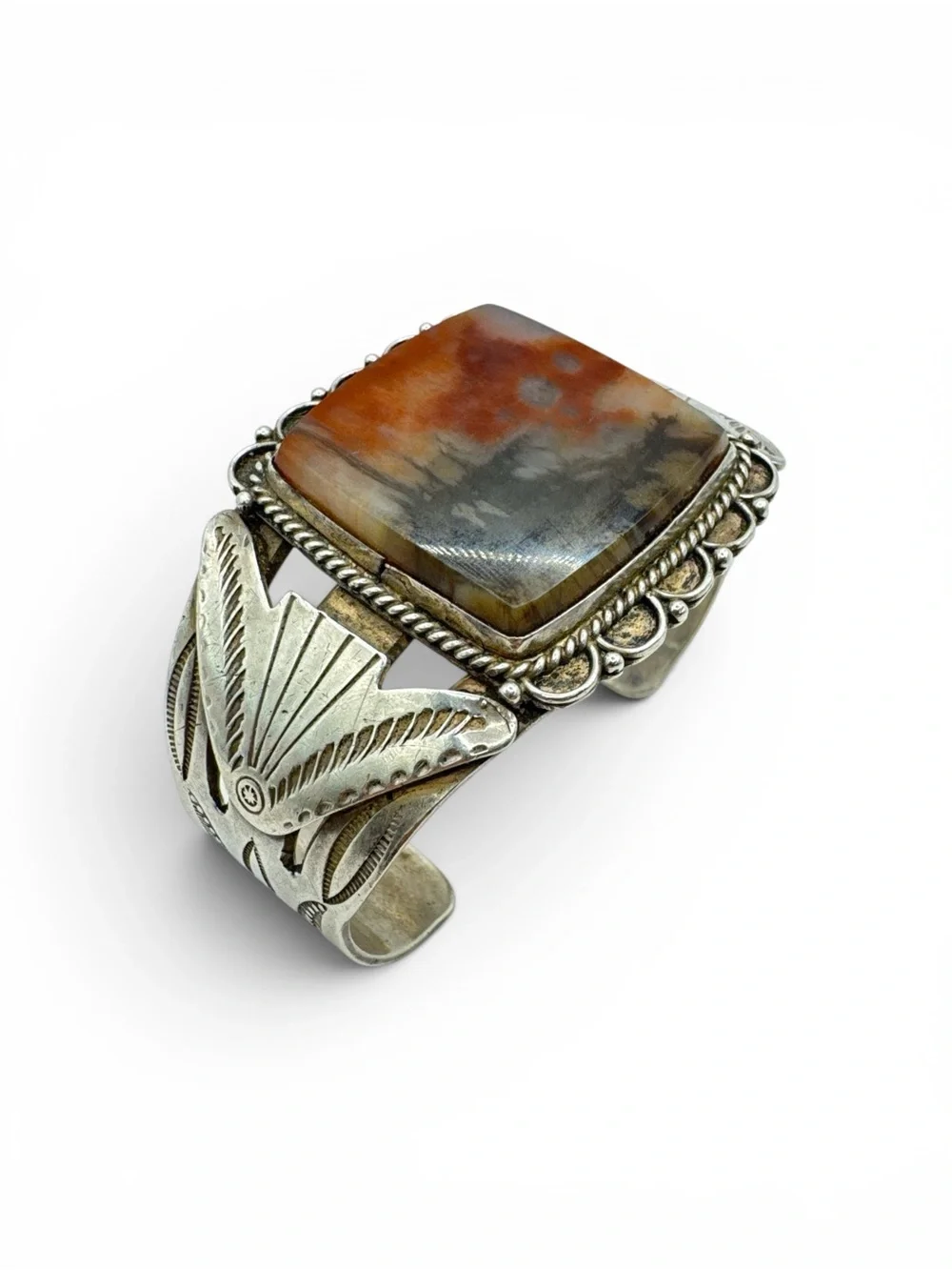 Vintage 1940s Navajo Fred Harvey Era Heavy Sterling Silver Petrified Wood Cuff - Picture 1 of 10